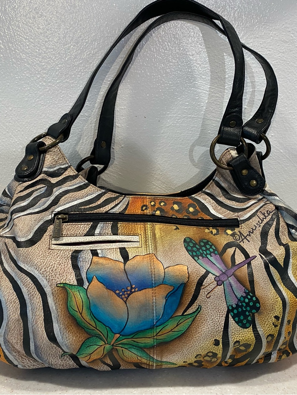 Hand-Painted Floral Dragonfly Shoulder Bag - Multicolor